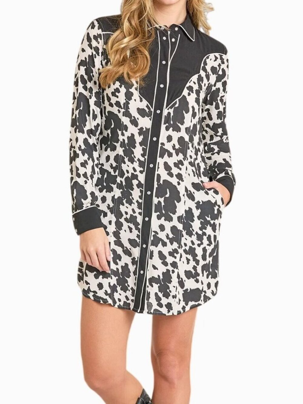 Panhandle Slim Women's LG Long Sleeve Cow Challis Print Snap Dress Black